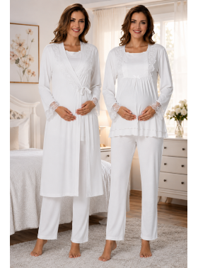 Effortt 2018E Ekru Kolay Emzirme Özellikli Sabahlıklı Lohusa Pijama Takımı